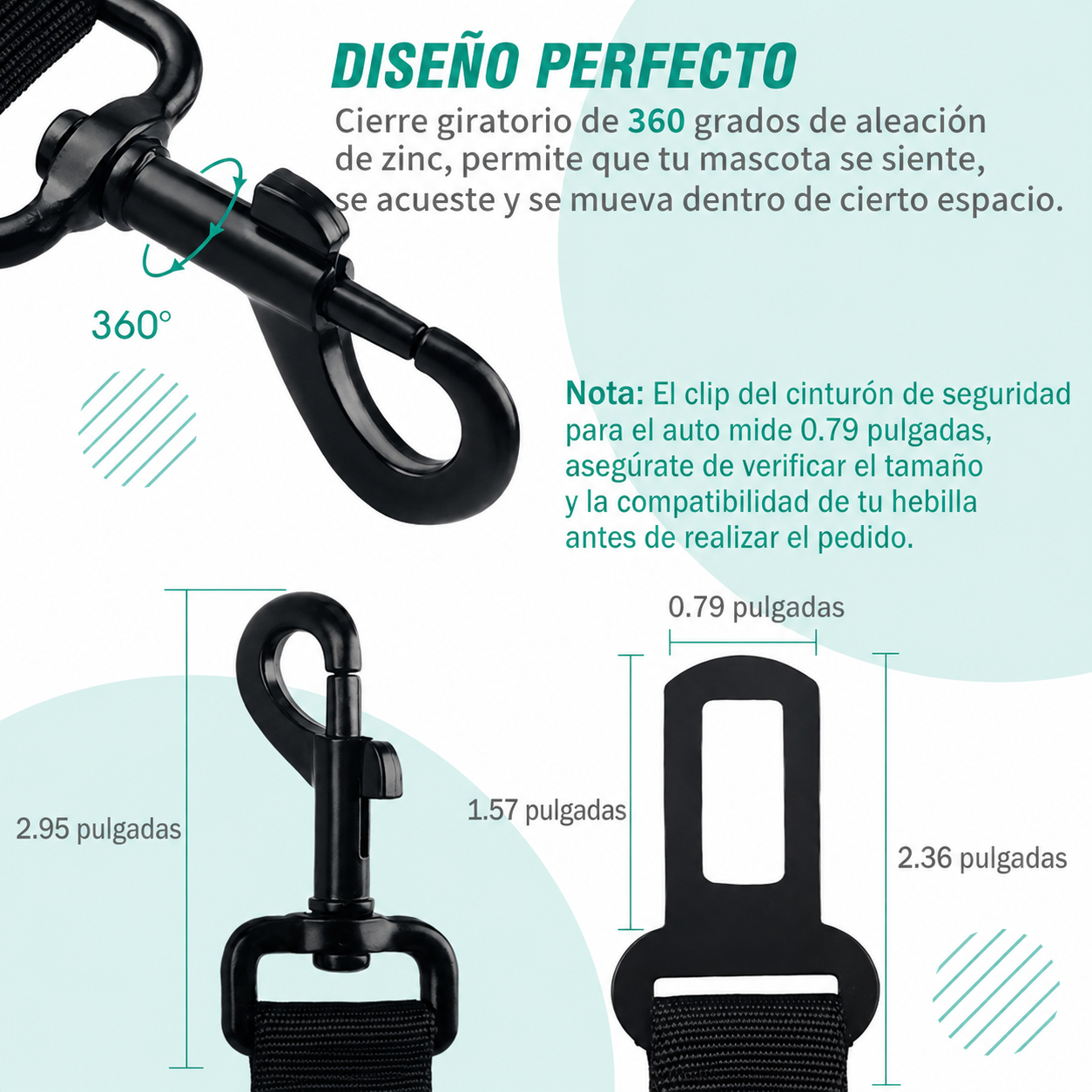 360 degree rotating pet seat belt metal clip and buckle dimensions